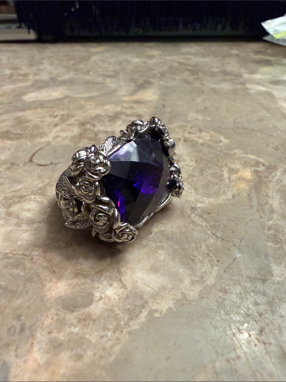 Rare heavy Incredible sterling silver and faceted dark purple crystal ring